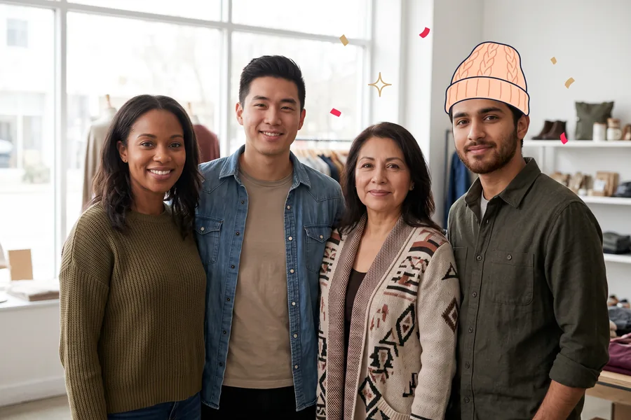 Four store staff standing together by the front window for a quick photo