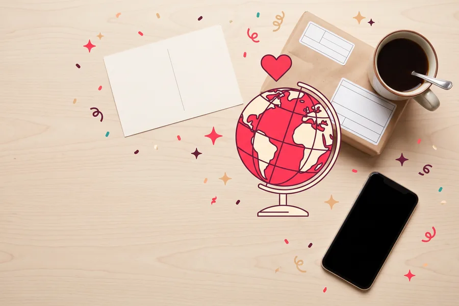 Desk with a postcard, a small parcel with customs stickers, a coffee and a phone