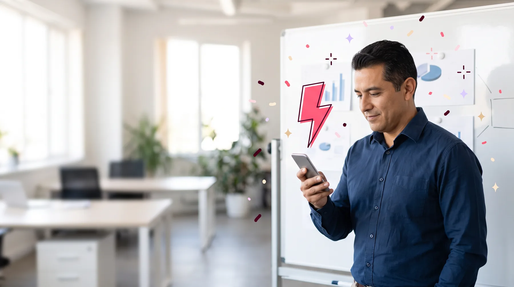 Operations lead by an office whiteboard sending a reward from his phone