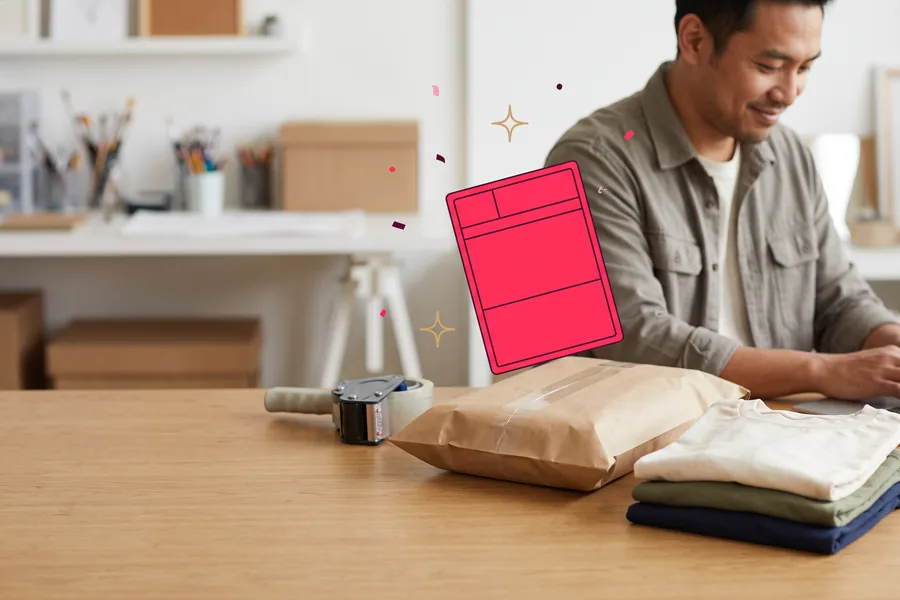 Shipping desk with a sealed mailer, a tape gun and a stack of folded tees