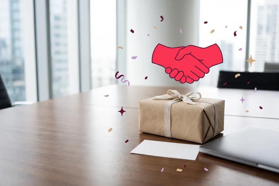 Wrapped gift box with a linen ribbon and a handwritten card on a boardroom table