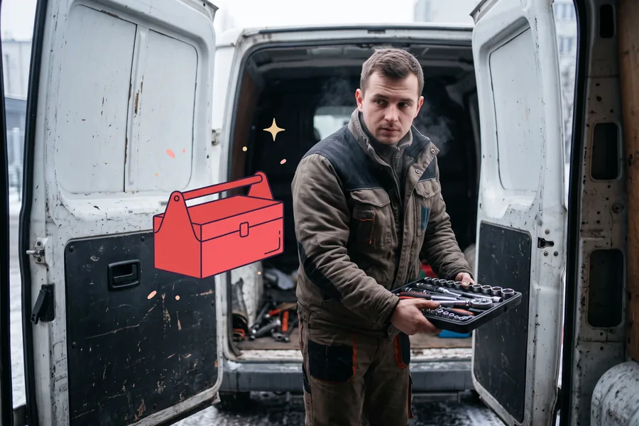 Technician loading tools into the back of a service van on a cold morning