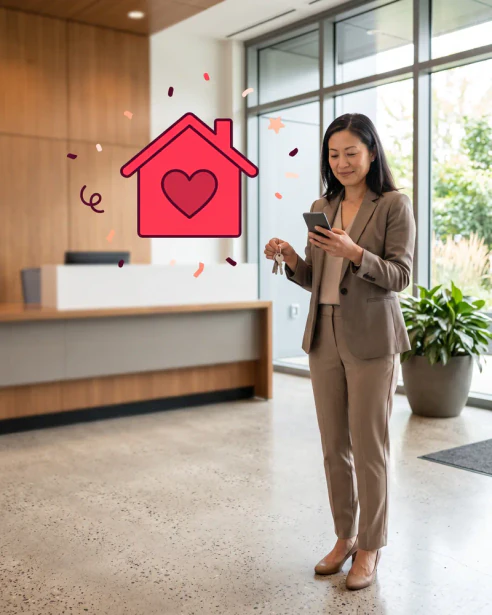 Property manager holding keys in an apartment lobby, reading her phone