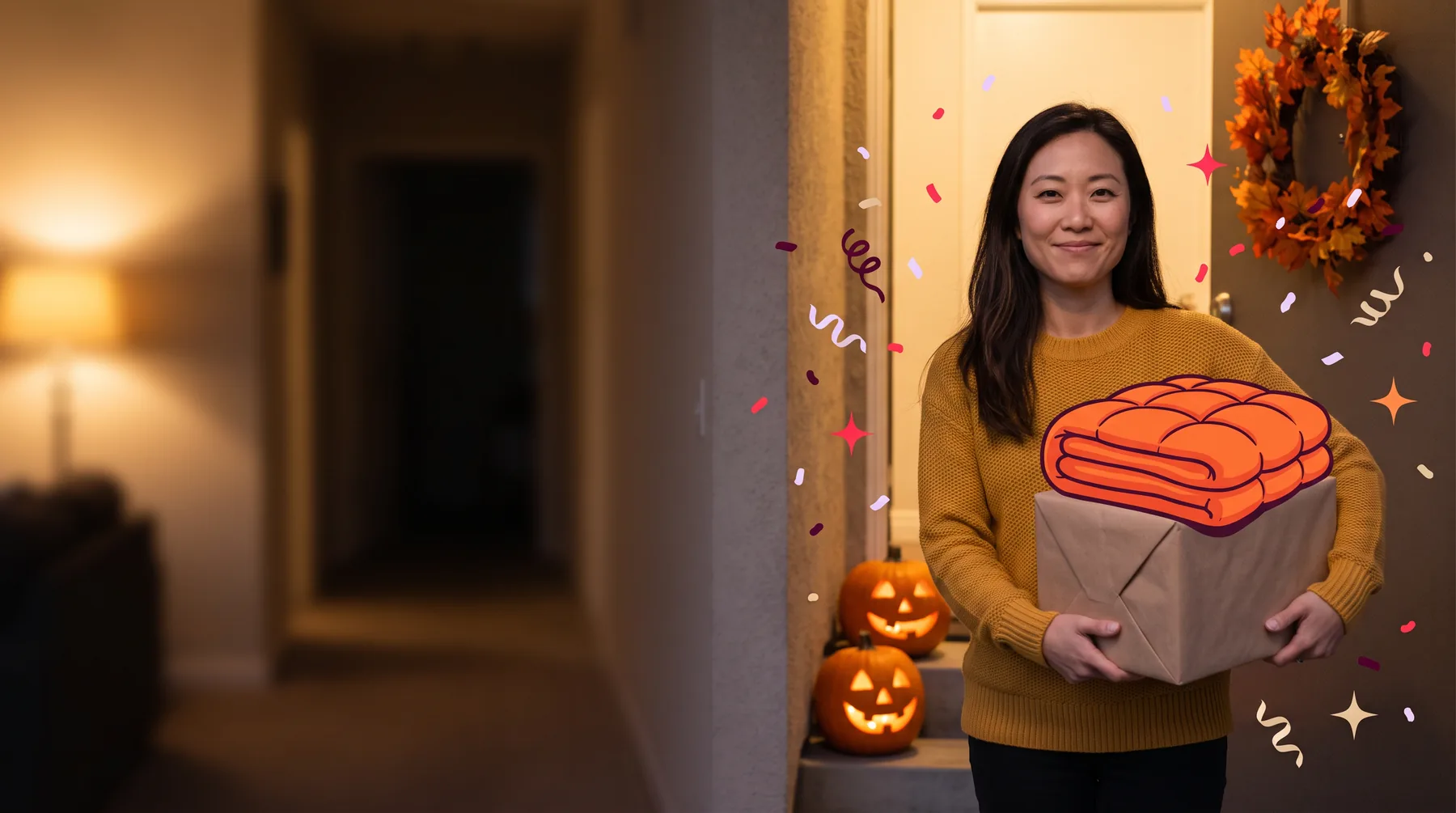 Woman in a doorway with a delivered parcel, carved jack-o'-lanterns glowing on the step