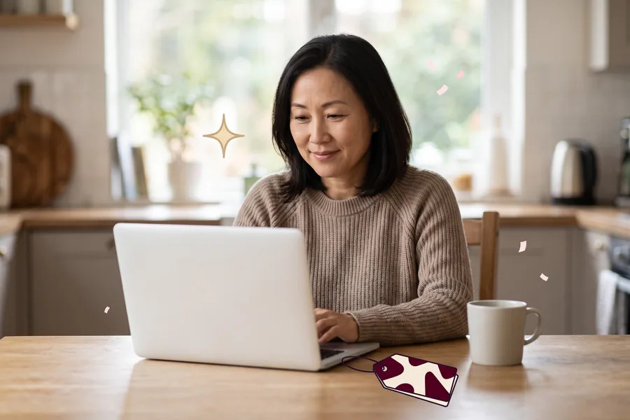 Woman at a kitchen table with a laptop and a mug, choosing an experience