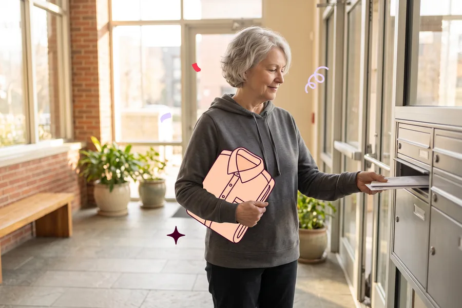 Longtime resident collecting her mail in an apartment lobby