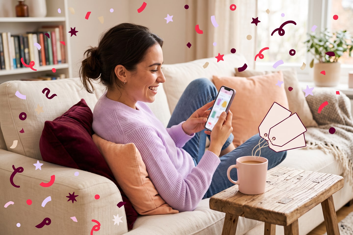 An employee on a sofa smiling at their phone while choosing a birthday gift