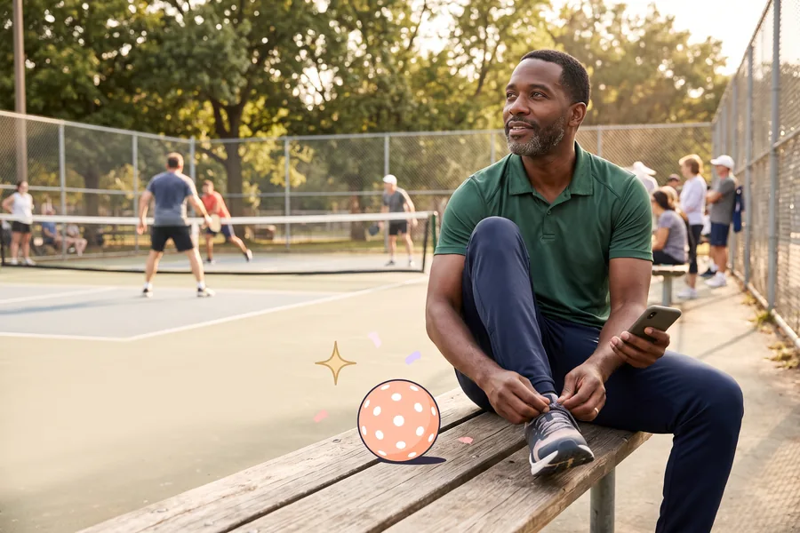 Man on a bench beside a pickleball court with his phone, a ball beside him