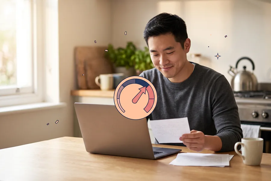 Engineer at a kitchen table reading a note of thanks on his laptop