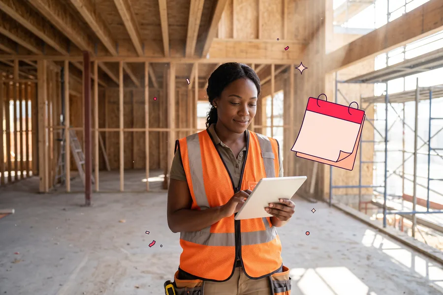 Worker in a hi-vis vest checking a tablet inside a half-framed building