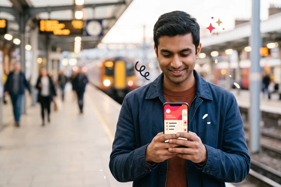Man on an evening train platform choosing a gift on his phone