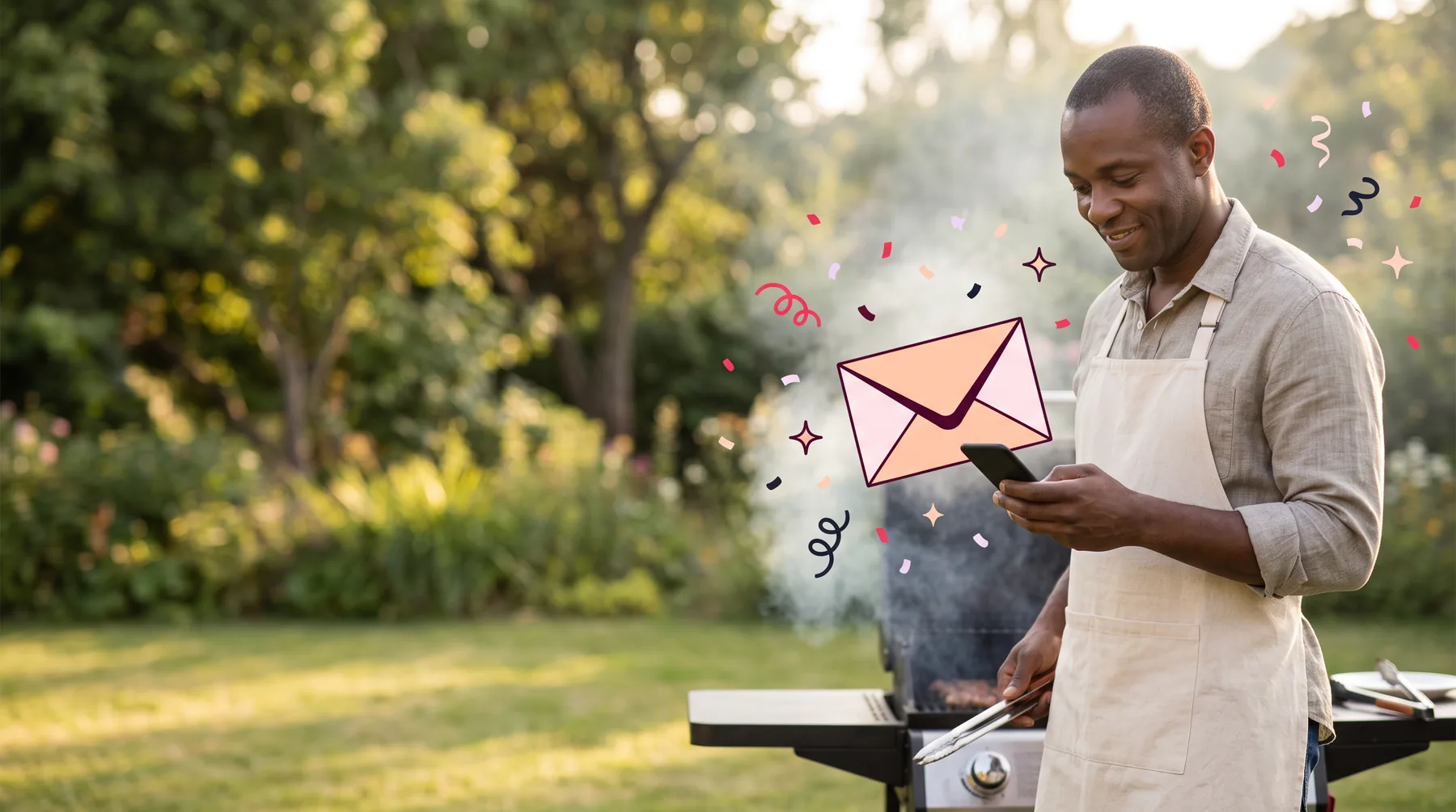 Man at a backyard grill smiling at a gift on his phone