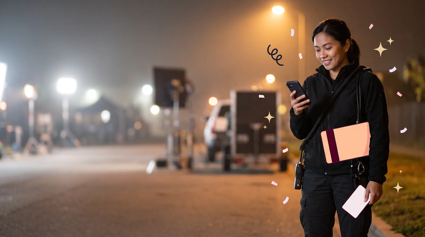 Camera assistant at a night shoot with cable over her shoulder, smiling at her phone