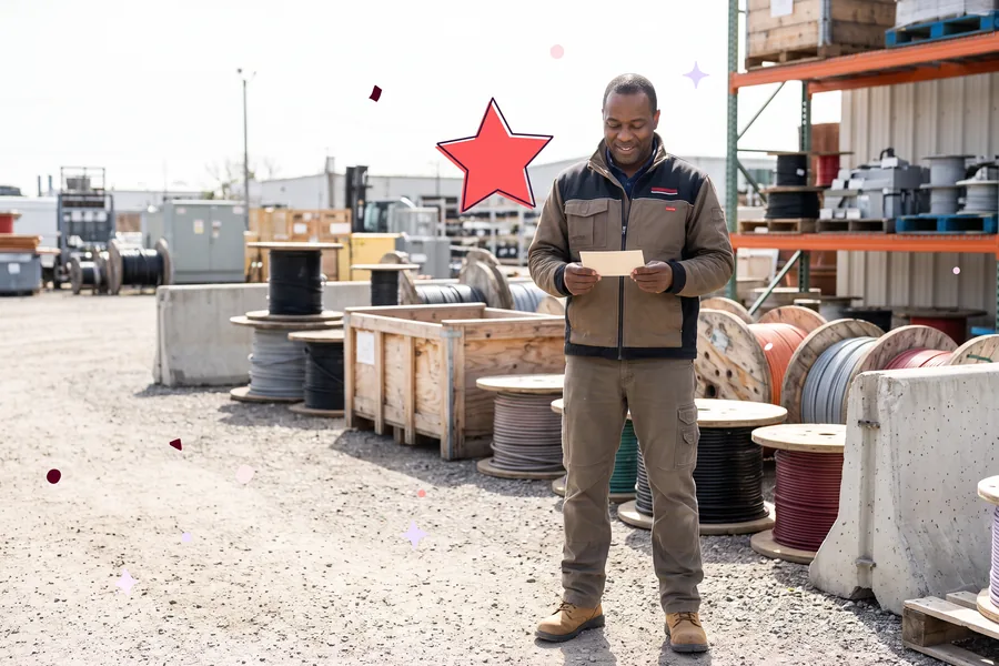 Electrician in a supply yard looking down at a card in his hand