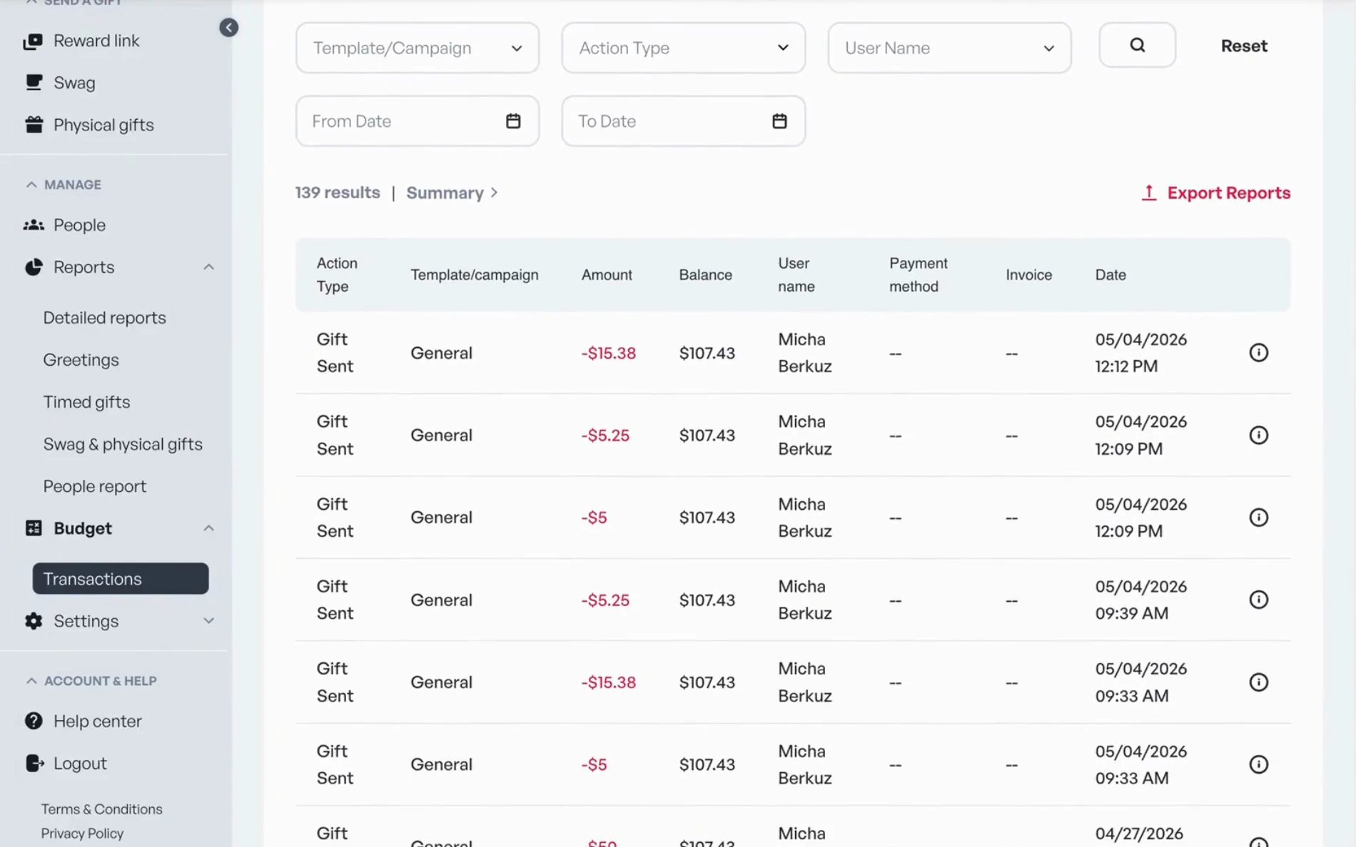 The transactions ledger in the Gifted platform, filterable and exportable