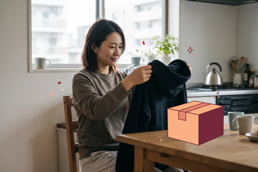 Woman at a kitchen table holding up a hoodie from a delivery to check the fit