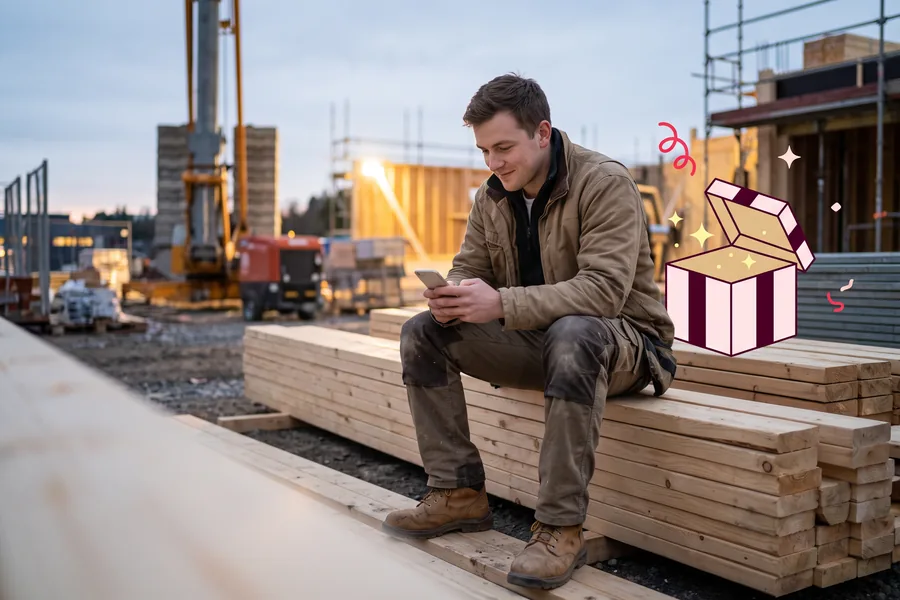 Construction worker sitting on a stack of lumber at dusk, smiling at his phone