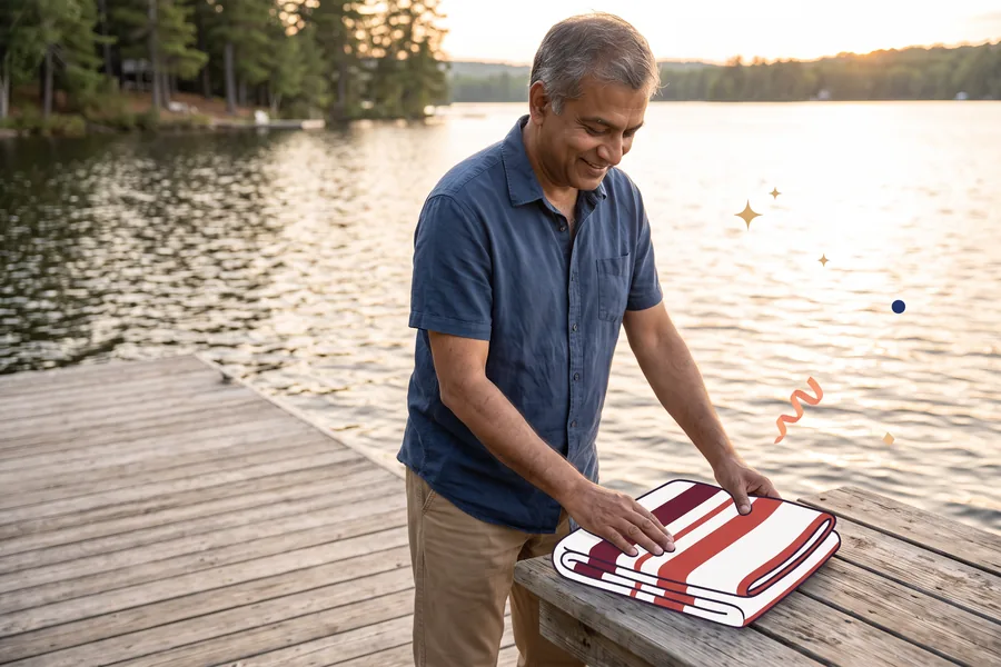 Man folding a striped beach towel on a lake dock