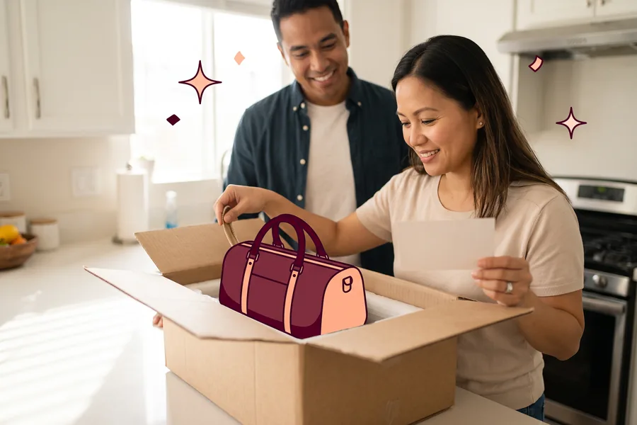 Woman at a kitchen counter unzipping a box with a leather duffel inside