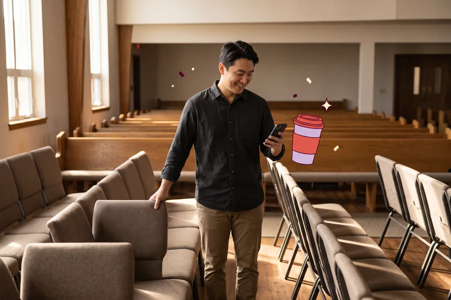 Volunteer resetting chairs in an empty sanctuary after a service, checking his phone