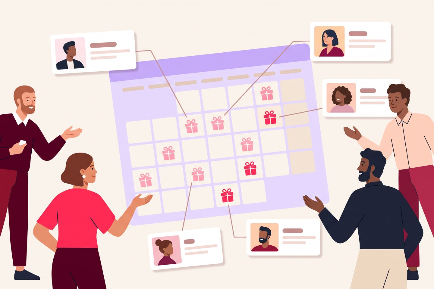 Illustration of a tidy digital calendar where birthdays are marked with small gift icons and linked to employee profiles