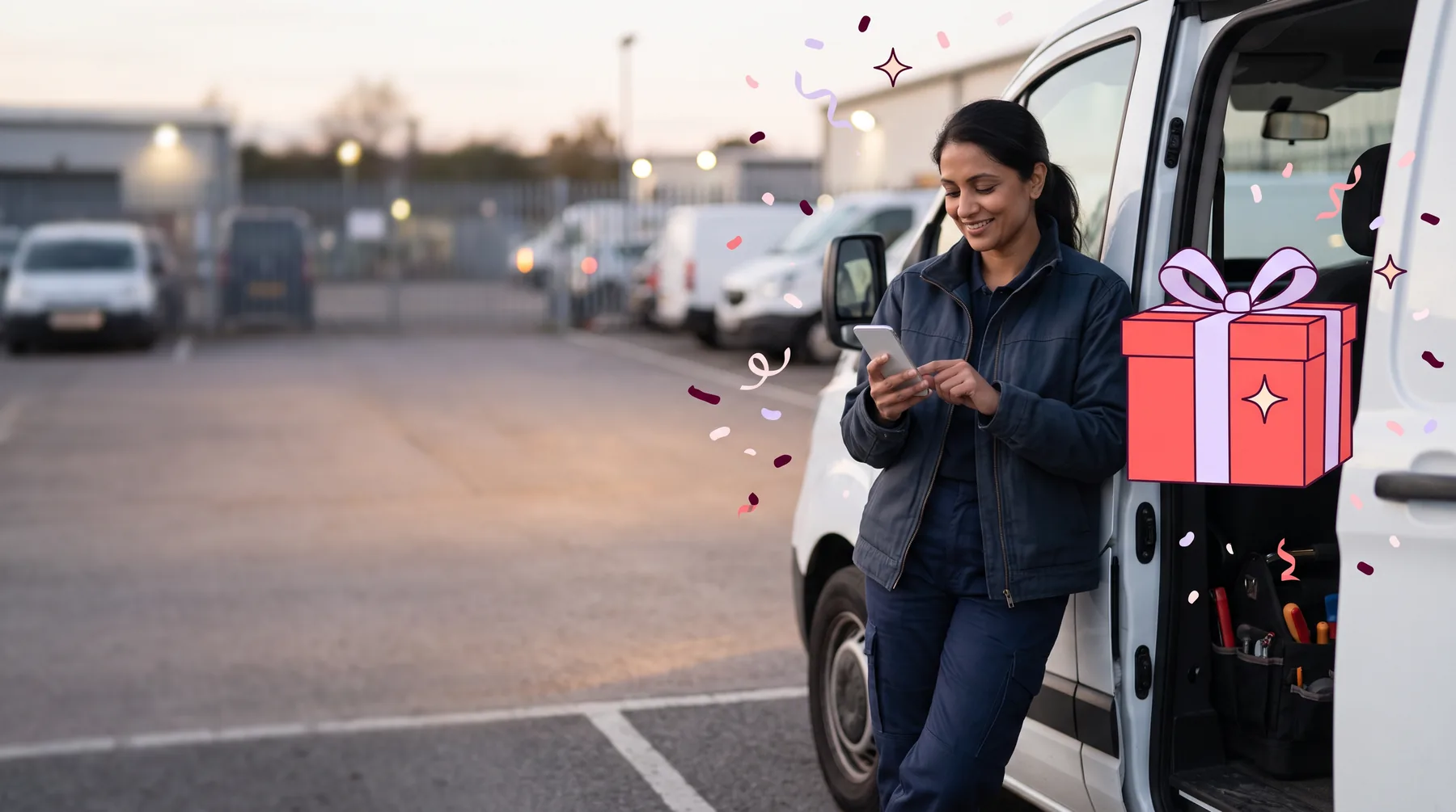 Field technician leaning on an open van door at dusk, smiling at her phone