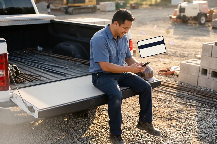 Construction worker on a truck tailgate at a job site, holding his phone