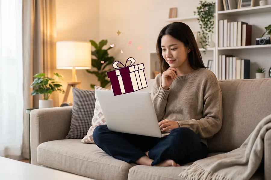 Woman on a couch comparing gift options on a laptop