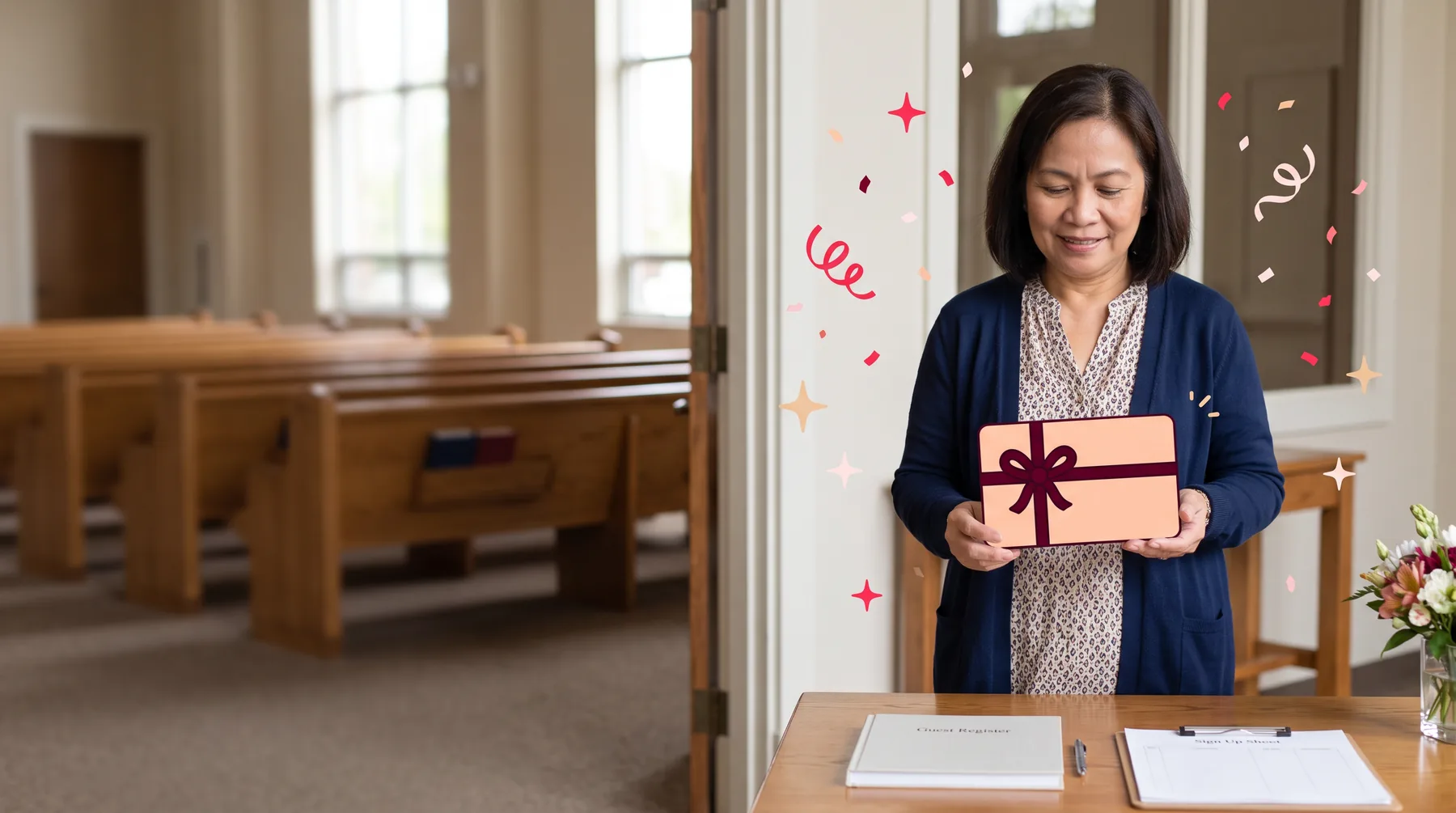Church volunteer at the welcome table after a service, holding a gift card