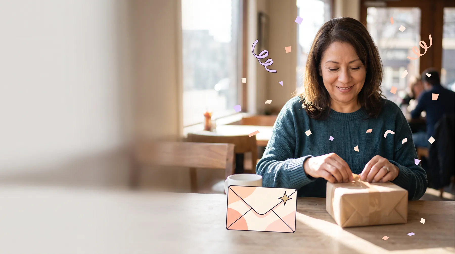 Client at a cafe table opening a small parcel with a smile