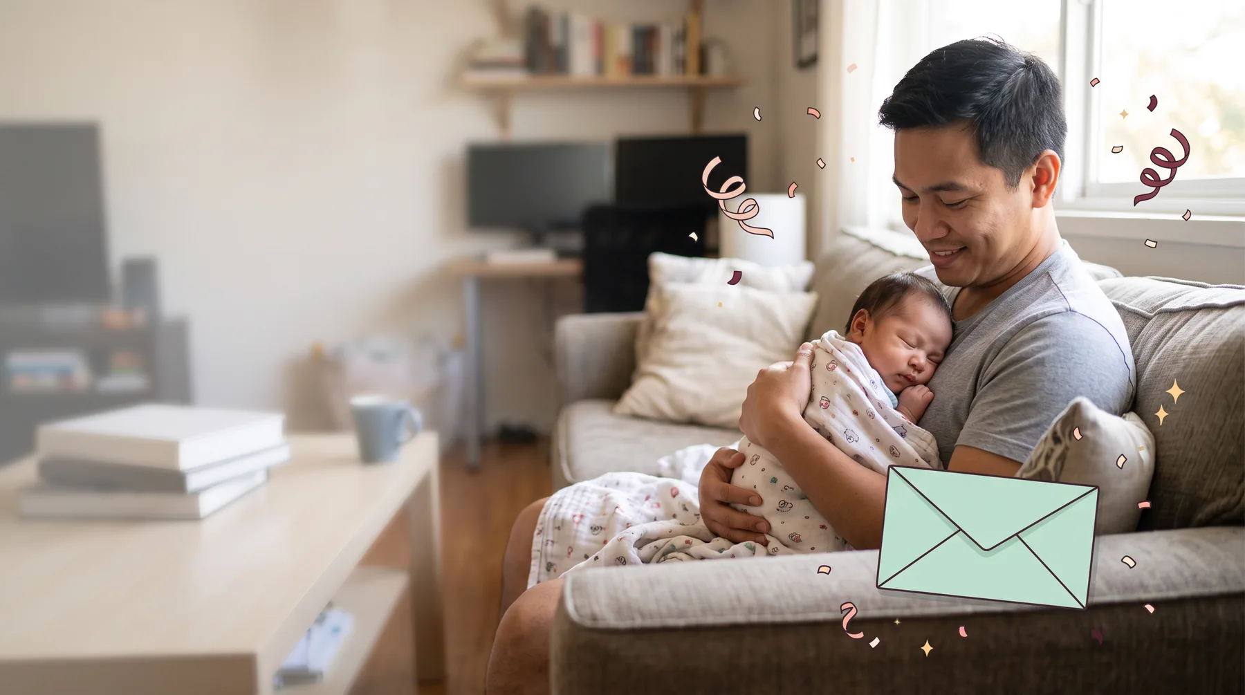 New dad on a sofa with his sleeping newborn on his chest, a gift envelope on the armrest