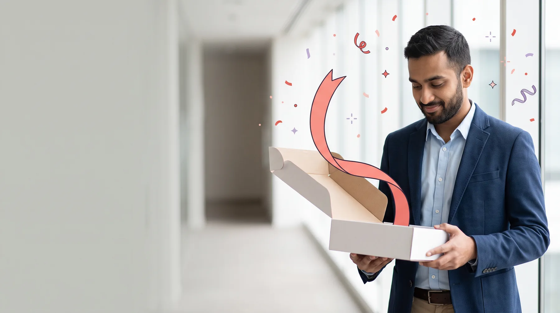 New hire in an office lobby looking into an open welcome box
