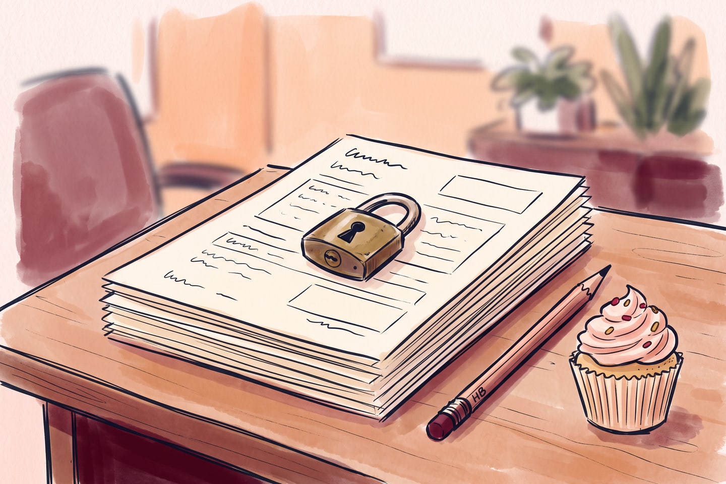 Hand-drawn sketch of a small padlock resting on onboarding forms beside a cupcake