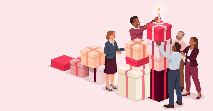 Illustration of colleagues building a rising chart out of stacked gift boxes topped with a birthday candle