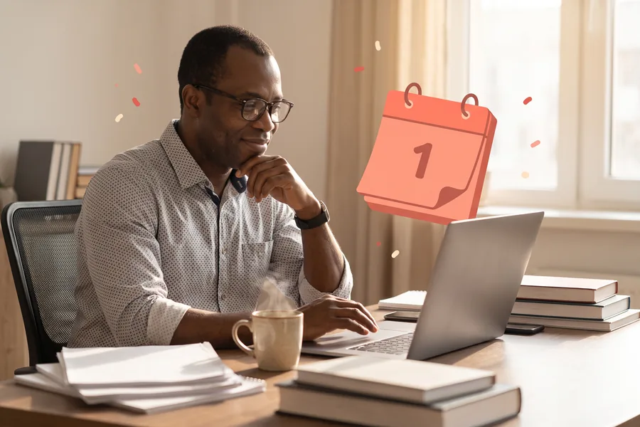 Man at a home desk in the morning looking at his laptop, coffee beside him