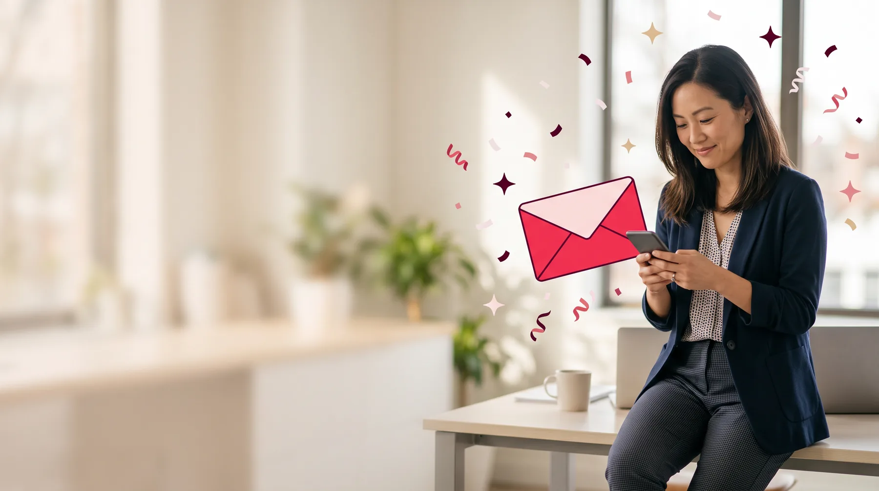 Account executive sitting on the edge of a desk, smiling at a reply on her phone