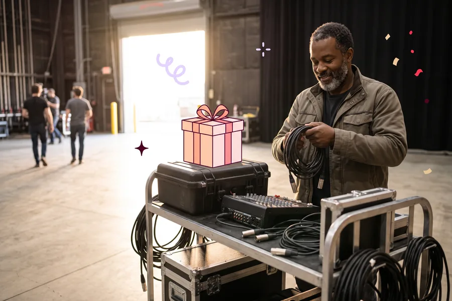 Sound mixer packing up his cart on an emptying stage after the final take