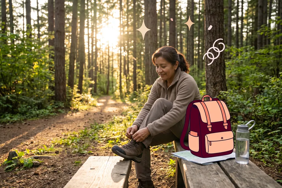 Woman lacing her boots on a bench at a trailhead