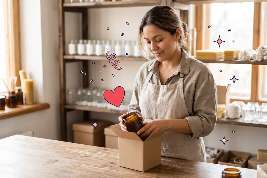 Maker packing a candle into a gift box in a small sunlit workshop