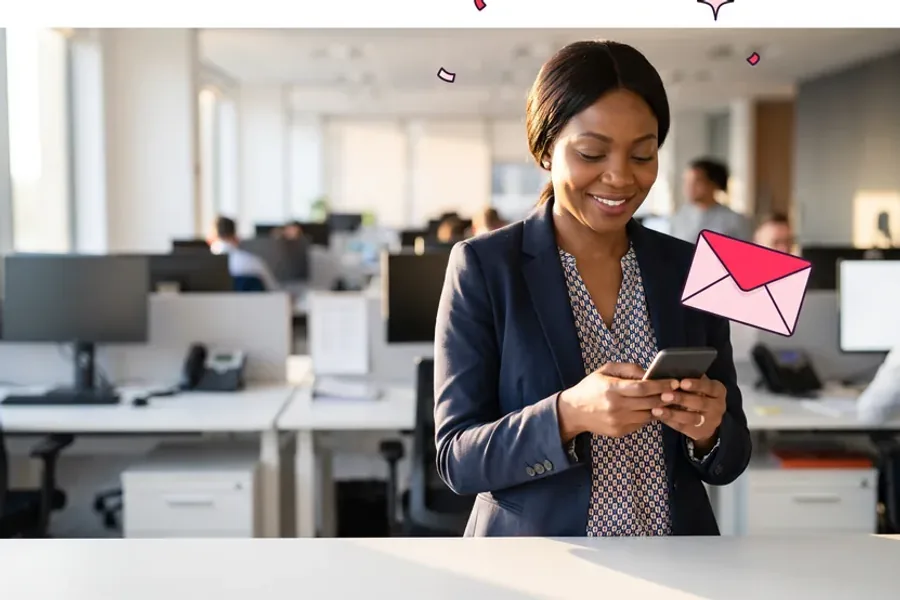 Sales manager at a standing desk sending a gift from her phone