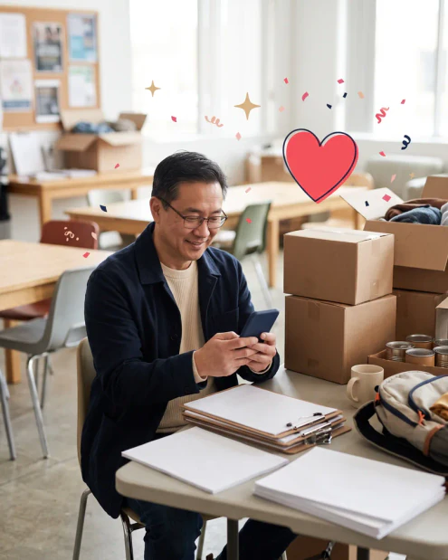 Volunteer coordinator at a community center table stacked with boxes, smiling at his phone