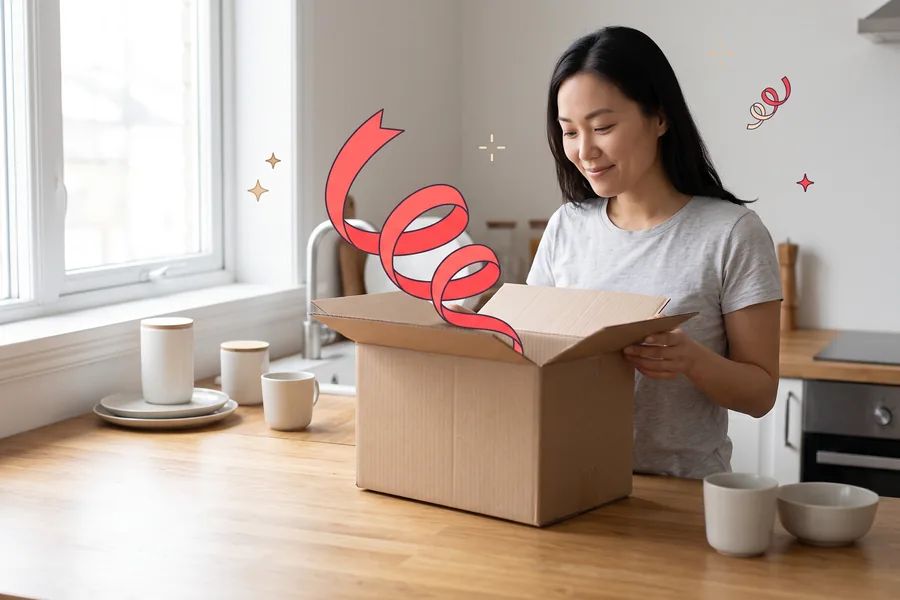 Woman at a kitchen counter opening a shipping box she just carried in
