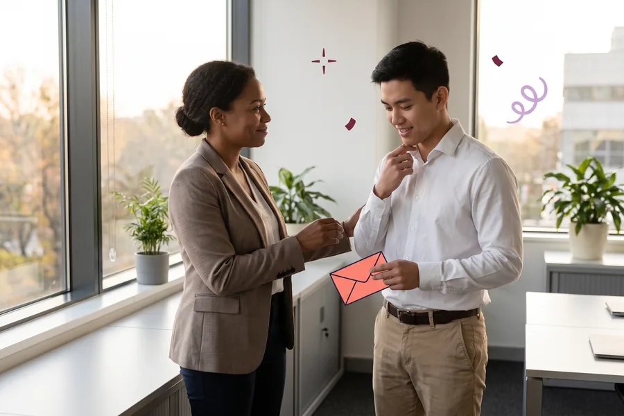 Manager saying goodbye to a departing intern by an office window, a small envelope in hand