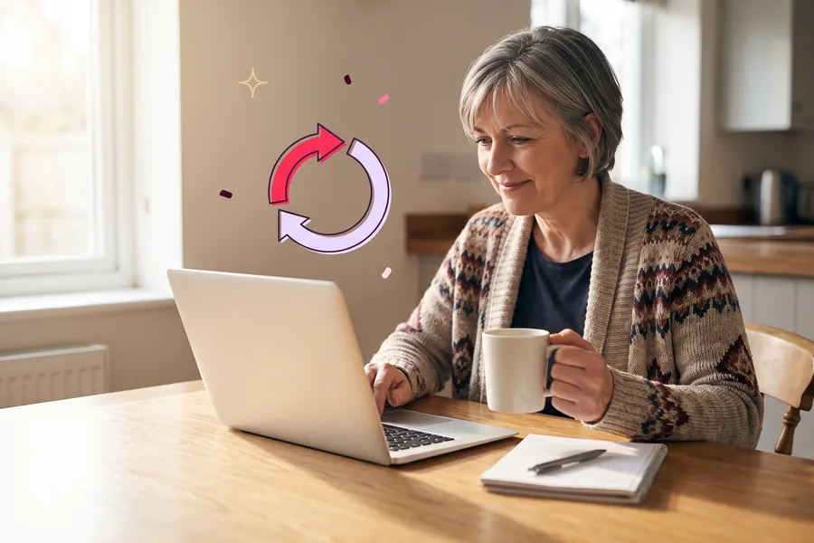 Woman at a kitchen table with a mug and a laptop in the morning
