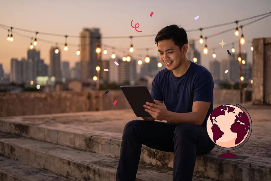 Man on a rooftop step at dusk reading a tablet under string lights