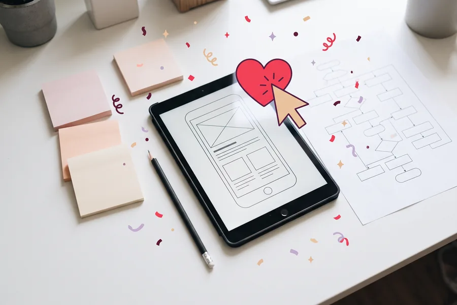 Tablet showing a wireframe beside sticky notes, a pencil and a printed flow diagram