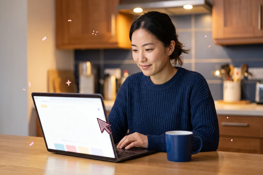 Woman at a kitchen counter in the evening scrolling gift options on a laptop