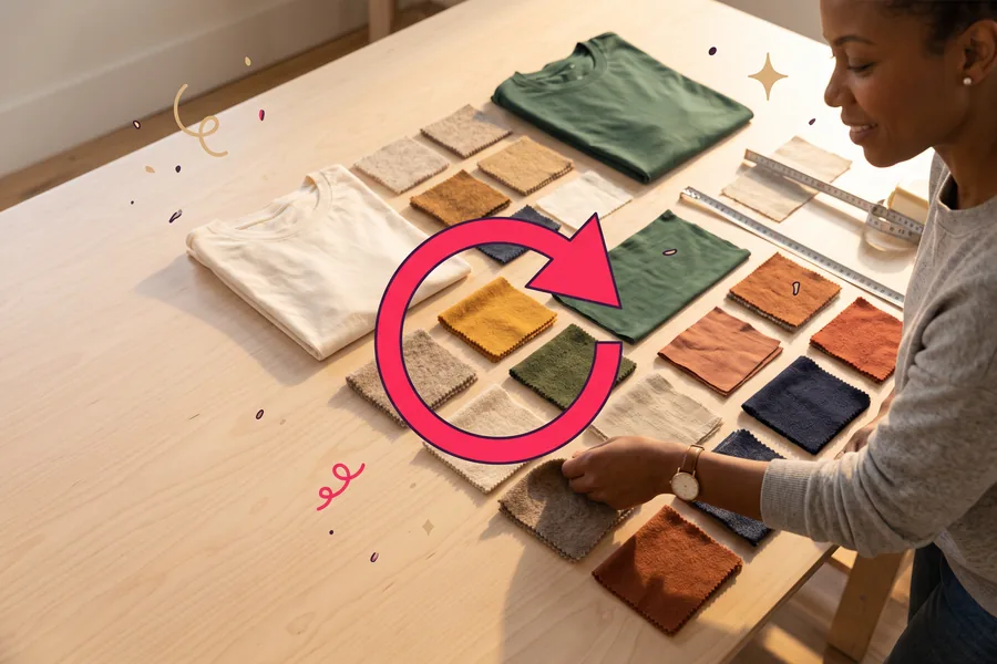 Fabric swatches and folded shirts laid out in a grid on a worktable