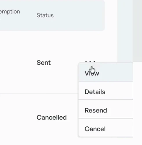 The row menu on a sent gift: view, details, resend, cancel