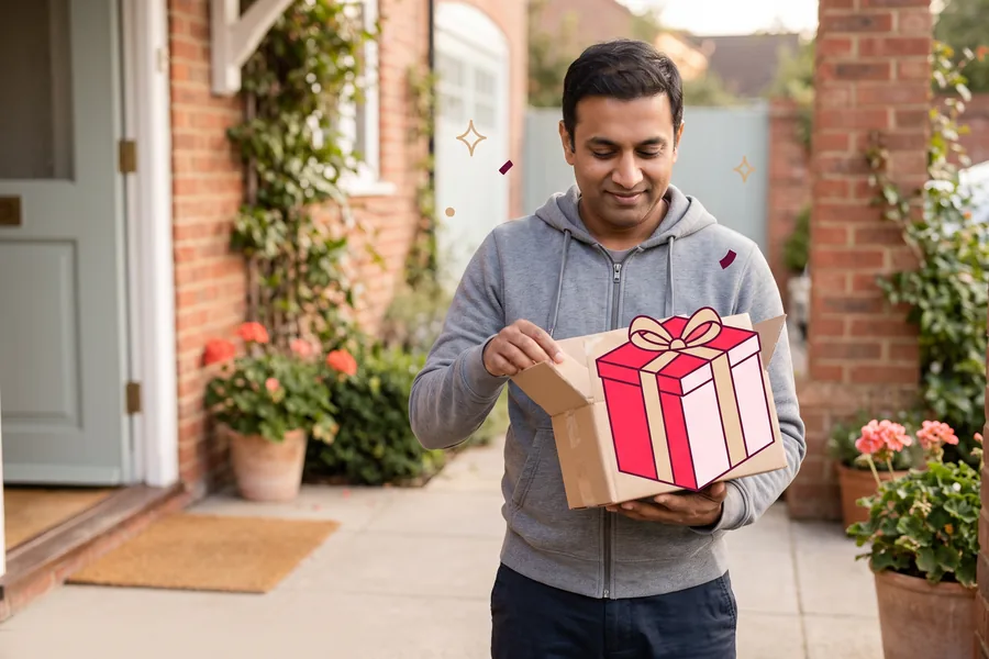 Man opening a small parcel on his doorstep